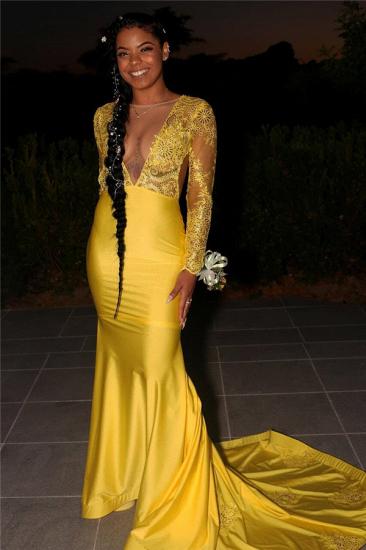 Lace Appliques Yellow Prom Dresses Cheap Online | Mermaid Sexy Sheer Tulle Long Sleeve Formal Evening Gowns
