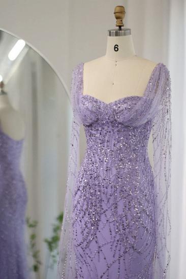 Wunderschöne herzförmige lila Meerjungfrau-Abendkleider mit Cape-Ärmeln, glitzernden Perlen und Pailletten, langes Hochzeitskleid_4