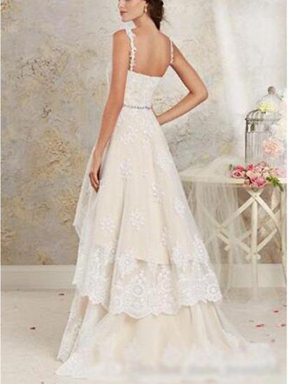 Asymmetrical A-Line Wedding Dress Sweetheart Lace Tulle Lace Spaghetti Strap Bridal Gowns Sweep Train_2
