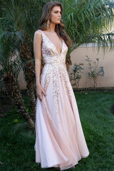 Sexy Pink V-Neck Sequins Evening Dresses | 2022 Open Back Sleeveless Long Evening Gowns