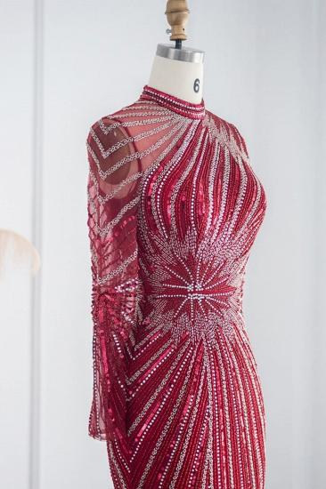 Elegante Abendkleider im Meerjungfrau-Stil mit Stehkragen und langen Ärmeln, Perlenstickerei und Kristallschärpe_15