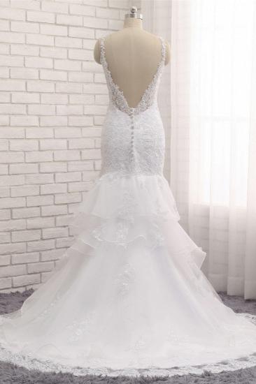TsClothzone Elegante weiße Meerjungfrau-Hochzeitskleider mit V-Ausschnitt, ärmellose Spitzen-Brautkleider mit Applikationen im Angebot_3