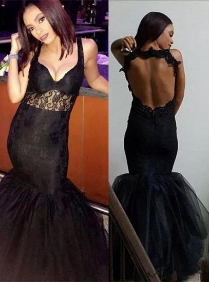 Sexy schwarze Meerjungfrau-Abschlussballkleider mit V-Ausschnitt 2022 Ärmellose Abendkleider mit offenem Rücken_2