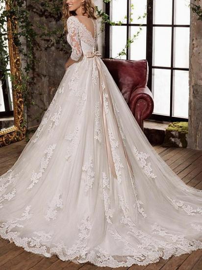A-Line Wedding Dress V-neck Tulle 3/4 Length Sleeve Bridal Gowns Formal Plus Size with Sweep Train_2