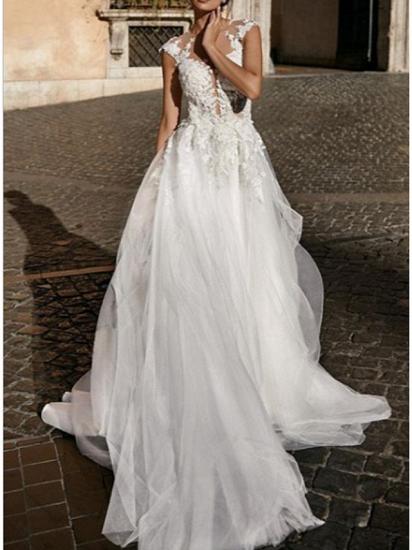 A-Line Wedding Dress V-neck Lace Tulle Cap Sleeve Bridal Gowns Boho with Court Train
