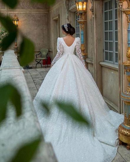 Glamorous V-Neck Long Sleeves A-line Princess Bridal Dress with Sweep Train_5