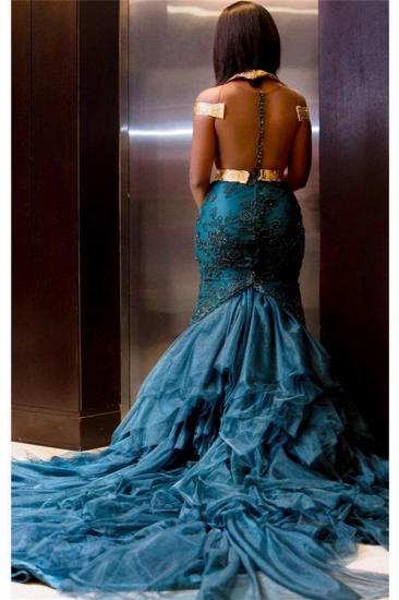 2022 Sheer Tulle Gold Lace Sexy Prom Dress | Blue Lace Appliques Evening Gown with Long Train_3