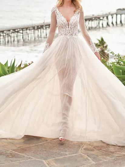 Country Plus Size A-Line Wedding Dress V-neck Tulle Long Sleeve Beach  Bridal Gowns with Sweep Train_2
