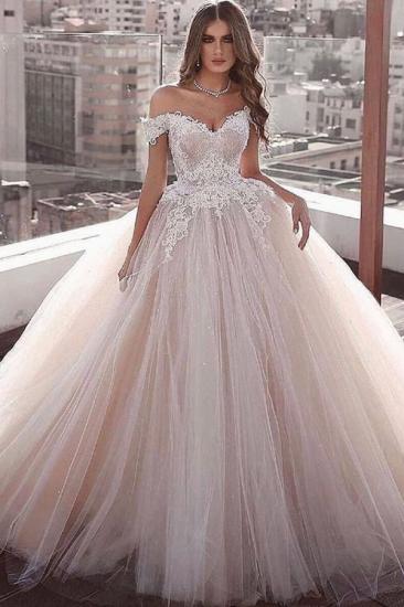 Elegantes Ballkleid aus der Schulter Lace Puffy Tüll Brautkleid Online_1