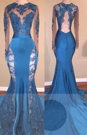 Long Sleeves Lace Appliques Open Back Brush Train Mermaid Prom Gowns_2