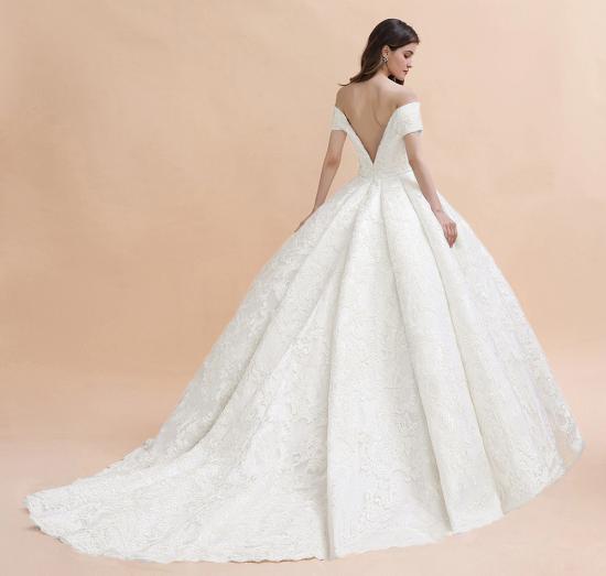 Off Shoulder Floor Length Bridal Gowns Lace Appliques Chapel Train Wedding Dress_9