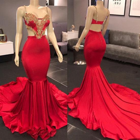 Gold Beads Appliques Red Prom Dresses Cheap | Straps Mermaid Open Back Sexy Long Evening Gowns_2