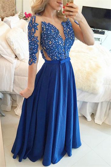 Royal Blue Sleeved Long Prom Dress with Beads Sheer Back Sexy Evening Dress 2022