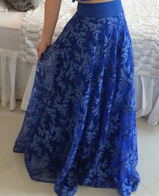 Blue Short Sleeve Two Pieces Prom Dress V-Neck Lace Floor Length Formal Occasion Dress_4