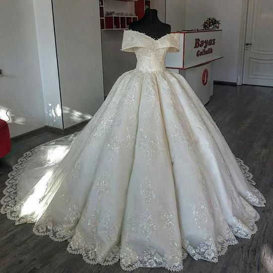 TsClothzone Unique Off-the-shoulder A-line Lace Wedding Dresses Satin Ruffles Bridal Gowns With Appliques Online_3