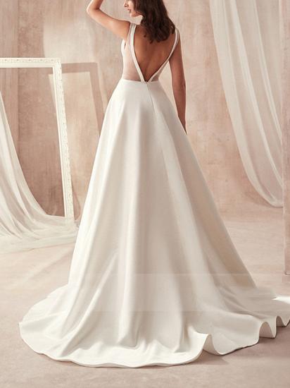 Elegant A-Line Wedding Dress V-Neck Satin Sleeveless Bridal Gowns Formal Sweep Train_2