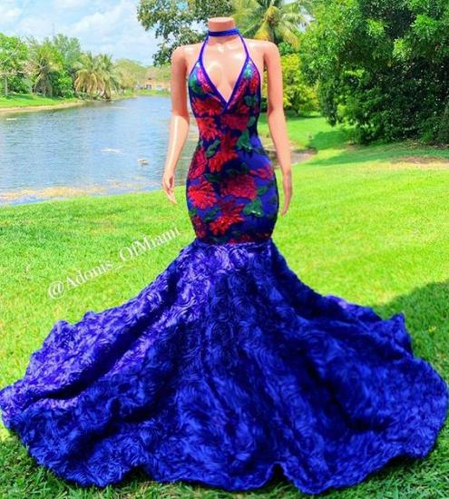 V-neck navy blue flowers mermaid prom dress_2