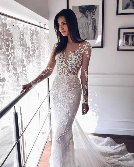 Fall Long sleeves Lace Mermaid Illusion neck White Wedding Dress_2
