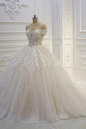 Off-the-shoulder Tulle Lace Appliques Sequined Wedding Dress_2