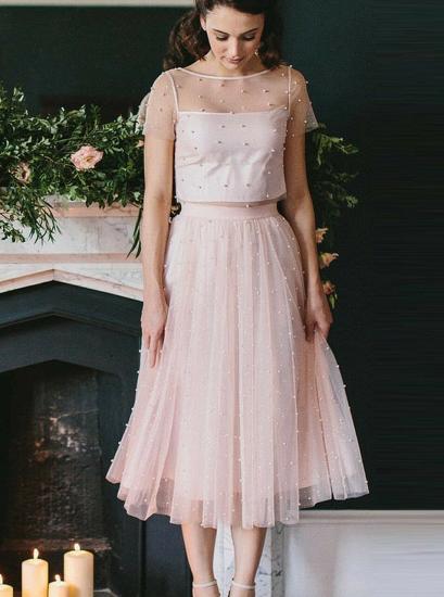 Two Piece Tea Length Pearl Pink Tulle Bridesmaid Dress