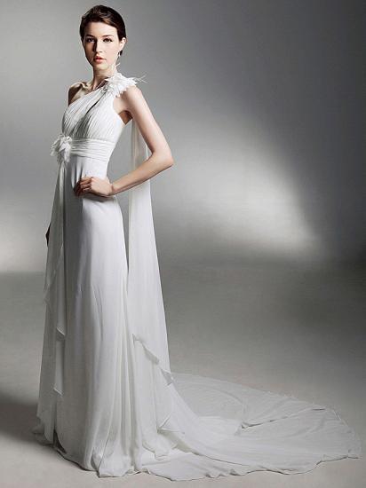 Sheath Wedding Dress One Shoulder Chiffon Sleeveless Bridal Gowns with Watteau Train_5