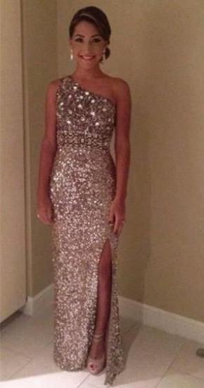 Sexy Crystal Sequined One Shoulder Evening Dress with Beadings Popular Side Slit Long Prom Dress