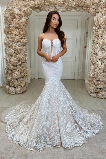 Chic Sweeteart Spaghetti Straps Mermaid Floral Lace Bridal Gown_1