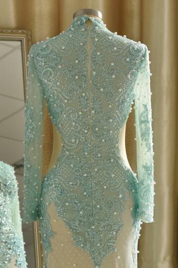 Elegantes High Neck Keyhole Langarm Long Mint Green Lace Prom Dress_8