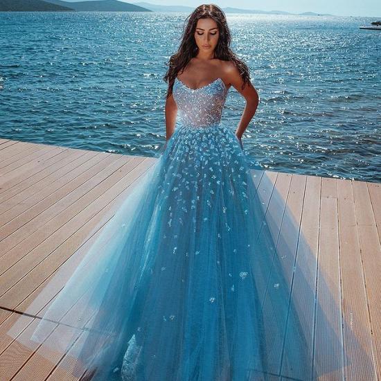 Elegant sky blue Butterfly Strapless Sweetheart Tulle Sparkle Prom Dress_2