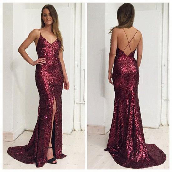 Burgundy Sequins Spaghetti Straps Evening Dress 2022 Front Slit Open Back Prom Dress_3