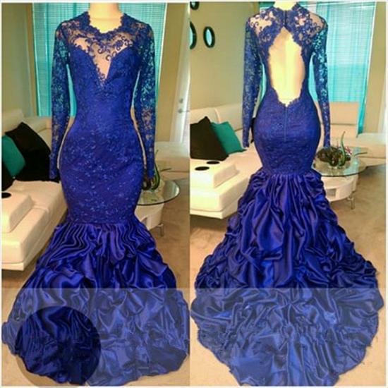 Gorgeous 2022 Royal Blue Long Sleeve Lace Prom Dress Ruffles Mermaid Open Back Evening Gown_3
