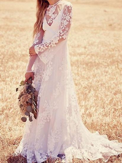 Beach A-Line Jewel Wedding Dress Lace Long Sleeve Bridal Gowns with Sweep Train