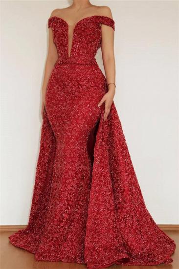 Burgundy Glamorous Mermaid Off The Shoulder Lace Appliques Prom Dress With Detachable Skirt_1