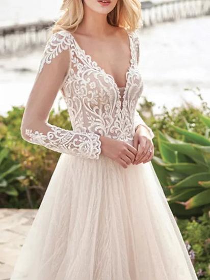 Country Plus Size A-Line Wedding Dress V-neck Tulle Long Sleeve Beach  Bridal Gowns with Sweep Train_3