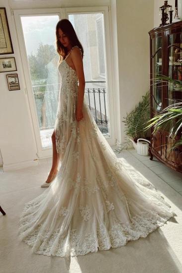 Elegantes, weißes Tüll-Spitzen-Hochzeitskleid, ärmelloses, einfaches Brautkleid_3