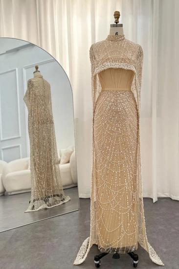 Luxuriöses, durchsichtiges Abendkleid aus Dubai mit Perlen, Cape-Ärmeln, Champagner-Meerjungfrau-Hochzeitskleid