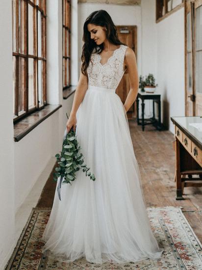 Elegant V Neck Tulle White Lace Sleeveless A-Line Wedding Dresses_1