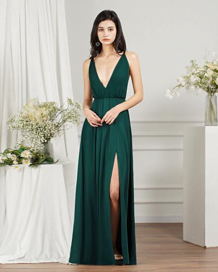 Dark Green V-Neck Side Slit Floor Length Prom Dresses | Evening dresses long V neckline_4