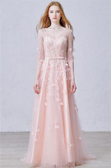 Niedliches rosafarbenes Blumen-Abendkleid mit halben Ärmeln und Perlenstickereien mit V-Ausschnitt und Bowknot-Tüll-Abendkleidern_1