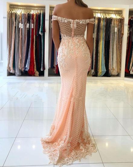Off-the-shoulder Pink Lace Appliques Mermaid Evening Dress_3