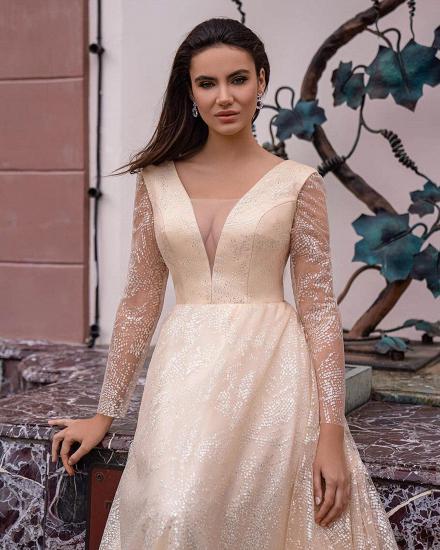 Elegant Long Sleeves V-Neck Floor Length Shinny Tulle Wedding Dress_2