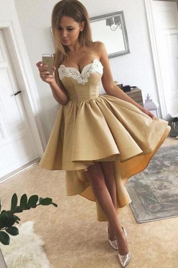 Charming Sweetheart Lace Hi-Lo Homecoming Dress Gold Sleveless Short Party Dress with Appliques