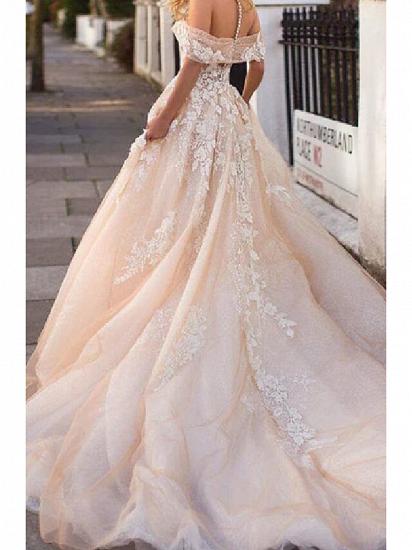 A-Line Wedding Dresses Jewel Lace Tulle Short Sleeve Bridal Gowns Bridal Gowns in Color Court Train_2