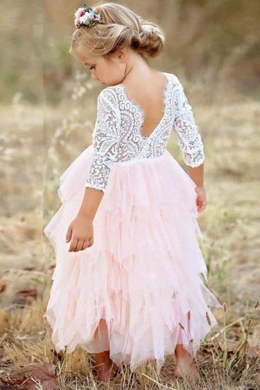 Cute Long Sleeves White and Pink V-back Flower Girl Dresses | Jewel Tea Length Lace Tulle Little Girls Peagant Dress