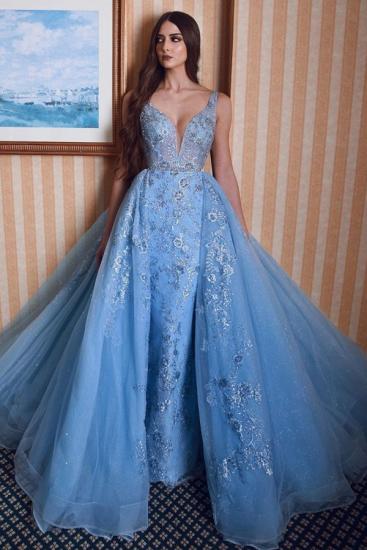 Stylish Double V-Neck Mermaid Prom Dress Lace Appliques Detachable Train