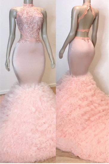 Open Back Ruffled Tulle Mermaid Cheap Prom Dress 2022 | Beads Lace Appliques Pink Sexy Evening Gowns