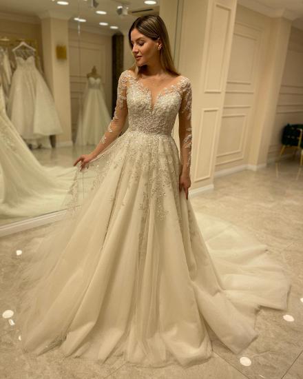 Designer Lace V-Neck Long Sleeve Wedding Dress | Wedding Dresses A Line Long Sleeves_3