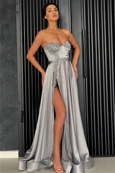 Silver A-line Sweetheart Sexy Evening Dresses | Cheap Side Slit Prom Dresses 2022