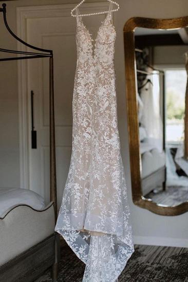 Elegant V-Neck Spaghetti Straps Mermaid Wedding Gown Floral Lace  Dress for Bride_8