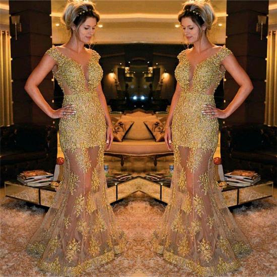 Gold Beads Lace Appliques  Sexy Evening Gowns Illusion Tulle Sleeveless Popular Formal Evening Dresses_3